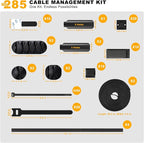 285 PCS Cable Management Kit - 4 Cable Sleeve Split, 50 Adhesive Cable Clips, 9 Cable Holder, 2 Roll Cable Organizer Straps, 200 Cable Zip Ties with 20 Mounts, for Computer TV Under Desk - Black