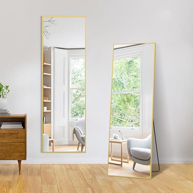 Full Length Mirror, 56"x18" Gold Floor Mirror with Stand, Rectangle Standing Mirror for Living Room Bedroom Cloakroom Gym, Thin Aluminum Frame, Tempered Glass