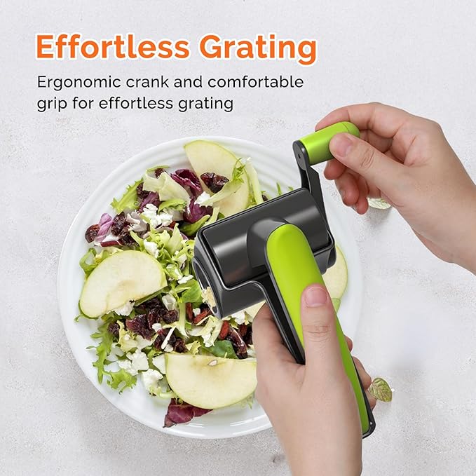 UHIYEE Patented Rotary Parmesan Cheese Grater, Hand Crank Cheese Shredder with Fine & Coarse Drums, Restaurant Quality, White, Stainless Steel & ABS, Dishwasher Safe, Gray Green