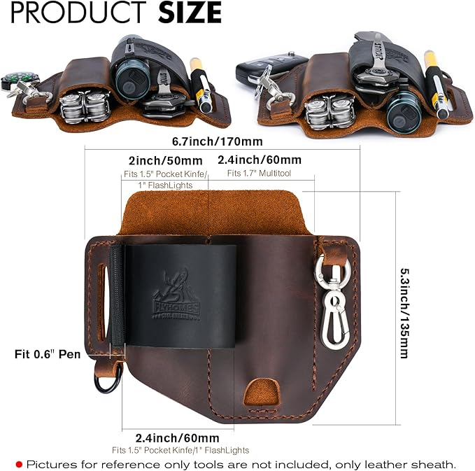 FLYHOMES Genuine Leather Multitool Sheath | Handmade Stitched EDC Belt Organizer for Leatherman Surge | Flashlight, Knife Holster, Pen & Tools Pouch | Dark Brown + Black (Large)