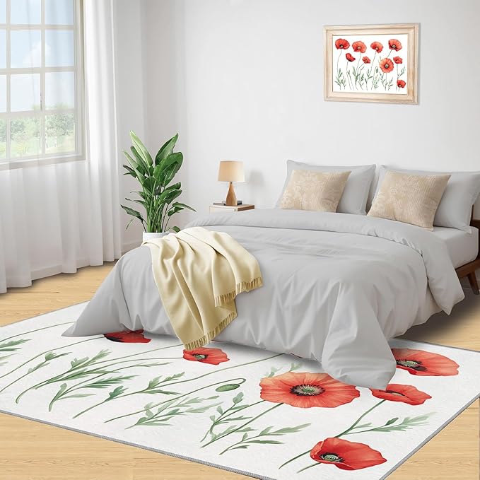 Little Red Flower Rugs for Bedroom - 5x7 Area Rug - Abstract 3D Flowers Rugs for Living Room, Modern Simple Art Rug, Non-Slip Washable Home Decor Carpet