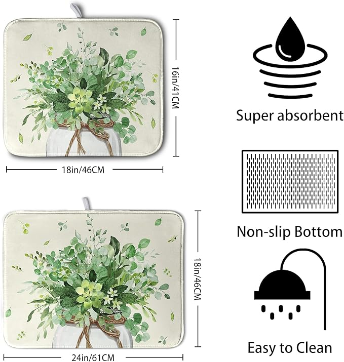 Spring Sage Green Leaves Dish Drying Mat for Kitchen Counter Eucalyptus Leaf Floral Mason Jar Dishes Drainer Mats Absorbent Microfiber Dish Draining Mat Washable Large Dish Pad 18x24 Inch