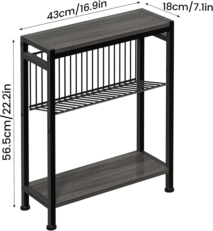 End Table Set of 2 for Small Space, 3-Tier Narrow Side Table with Magazine Holder,Slim Nightstand, Skinny Snack Couch Table in Living Room, Bedroom Study and Balcony (Grey)