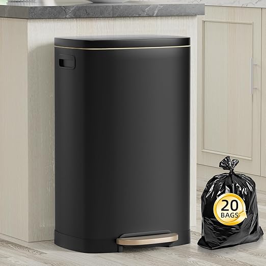 KdbK 13 Gallon Trash Can with Lid, 50L Fingerprint Proof Stainless Steel Kitchen Trash Can with Removable Inner Bucket and Lid Soft Close, Pedal Rubbish Bin for Home Office, Black