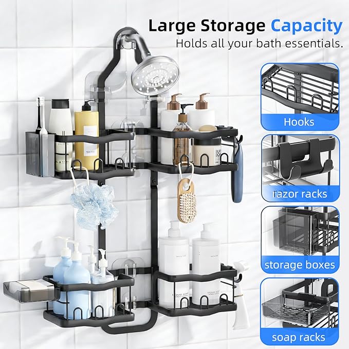 GearFusion Aluminum Shower Caddy Hanging for Handheld Showerheads Adjustable Split Shower Caddy Over the Shower Head Caddy, 2 Levels Showers Rack Organizer with Hooks, Razor Holder, Soap Holder,Black