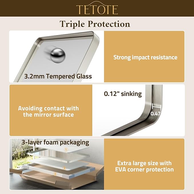 TETOTE Brushed Nickel Mirror for Bathroom 24 x 36 Metal Framed Vanity Mirror, Tempered Glass, Modern Farmhouse Wall Mounted Mirrors for Decorative(Horizontal/Vertical)