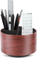 Round Leather Art Supply Organizer,Remote Control Holder,360 Degree Spinning,Multi-Functional Pencil Holder,4 Compartments Desktop Stationary Organizer(1-Light Brown2)