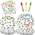 ZOIIWA 96PCS Merry Christmas Party Tableware Set Christmas Lights Party Supplies Merry and Bright Disposable Dinnerware Plates Napkins Forks with Holiday String Lights for Xmas Birthday Favors