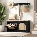 Rattan Narrow Entryway Bench with Shoe Storage, 2 Flip Drawers & Coat Rack, Mid-Century Modern Wood Shoe Cabinet with Seat Cushion for Foyer/Hallway (Black)