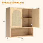 VINGLI Rattan Bathroom Wall Cabinet, Boho Medicine Cabinet with 2 Handwoven Rattan Doors & Adjustable Shelf, Wood Hanging Storage Cabinet with Open Shelf for Kitchen, Laundry, Entryway, Oak Finish