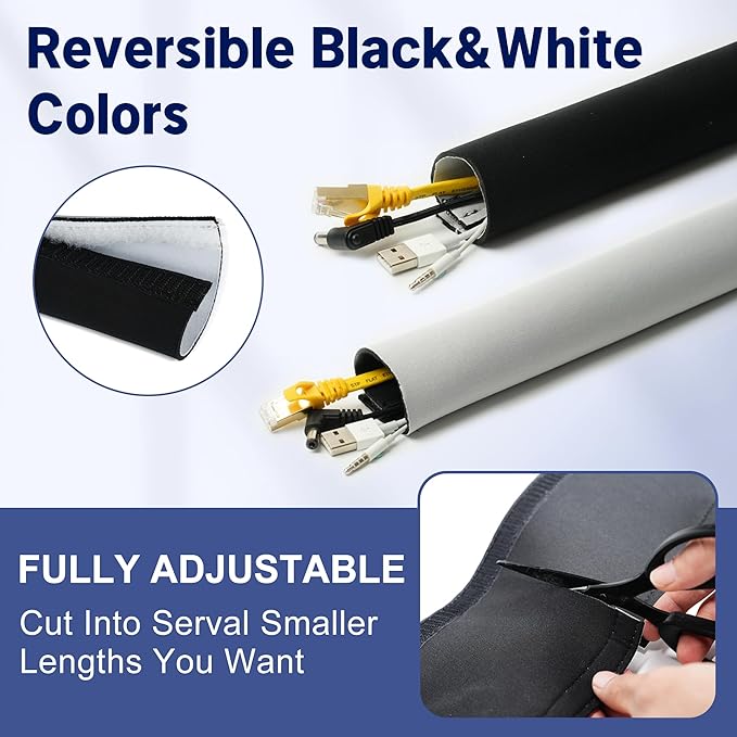Cable Management Sleeve 10ft (120 inch) - 1.5 inch, Hook-and-Loop Cuttable Neoprene Cord Organizer, Split Wire Reversible Cord Protector for TV USB PC Ethernet Cable Hider Protect Pets Kids
