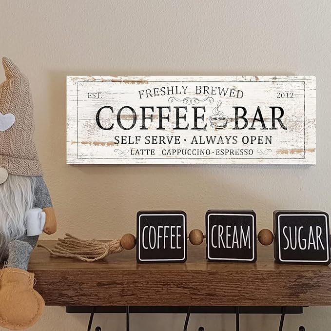 Coffee Bar Sign Decor Rustic Kitchen Canvas Sign Farmhouse Bar Hanging Wall Decor Self Serve Always Open Vintage Plaque Signs for Coffee Station Home Office 6x17