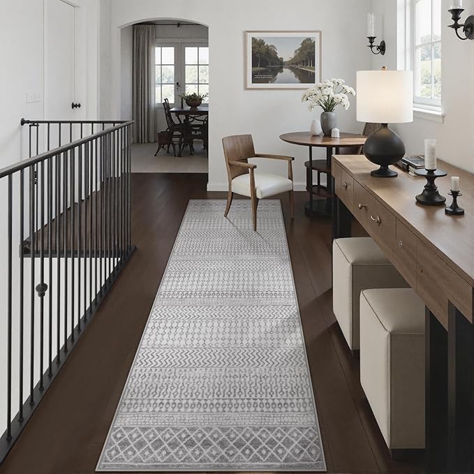 Washable Kitchen Rug Runner, 2'6''x8' Non Slip Washable Grey Long Runner Rugs, Low-Pile Non-Shedding Hallway Rug Carpet Runners for Entryway Kitchen Bedroom Bathroom
