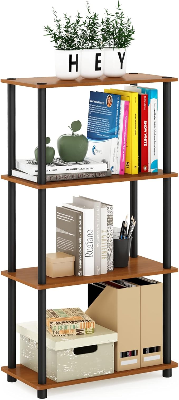 Furinno (99557LC/BK) Turn-N-Tube 4-Tier Multipurpose Shelf Display Rack - Light Cherry/Black