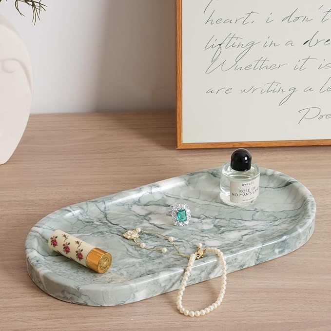 Koville Marble Bathroom Tray for Countertop, Vanity Tray Stone Trays for Decor, Natural Marble Decorative Tray for Dresser Organizer, Storage Trays for Perfume, Jewelry, Cosmetics(Retro Light Green)