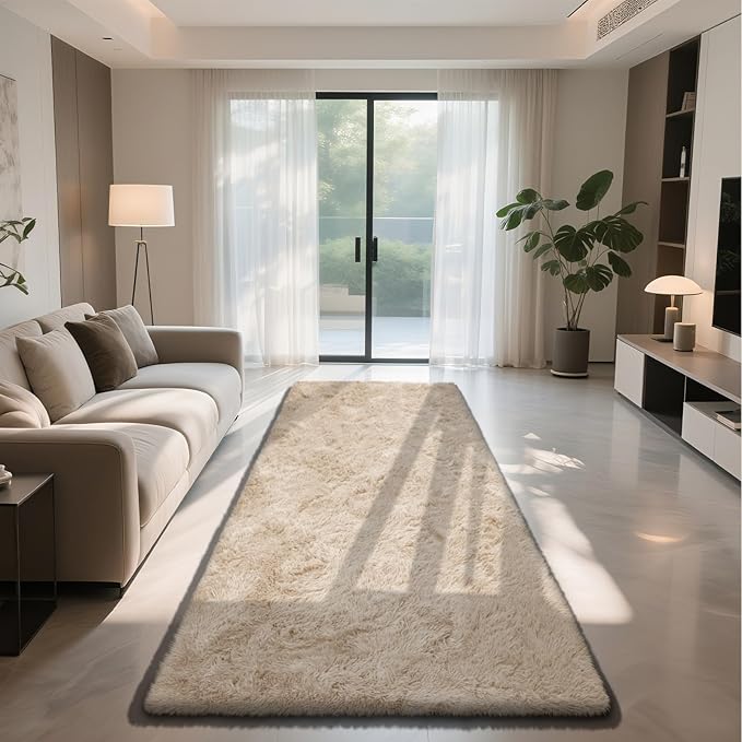 Soft Runner Rugs for Bedroom, Beige 3x7 Area Rugs Fluffy Rug Shaggy Area Rug Carpet, Bedside Rug for Living Room Bedroom Kids Room Home Decor