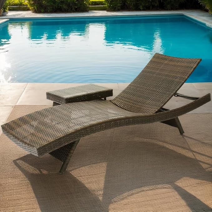 79'' Long Reclining Chaise Lounge + Side Table Set of 2, Outdoor Wicker