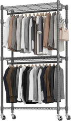 BATHWA Rolling Tall Garment Rack with 2 Rods & 3-Tier Adjustable Shelves, 35.5" W x 16.5" D x 80.7" H, Heavy Duty Clothes Hanging Racks Portable Wardrobe Closet Organizer for Bedroom, Laundry, Black
