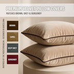 2 Pack Velvet Decorative Throw Pillow Covers, 12"x20", Beige and Brown, Solid, Modern, Contrast Piping, Indoor Use, Bedroom & Living Room