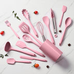 LIANYU 14 Pcs Kitchen Utensils Set, Silicone Cooking Utensils Spatula Set with Holder, Heat Resistant Cookware Tools Includes Spoon Turner Whisk Tong, Dishwasher Safe, Pink