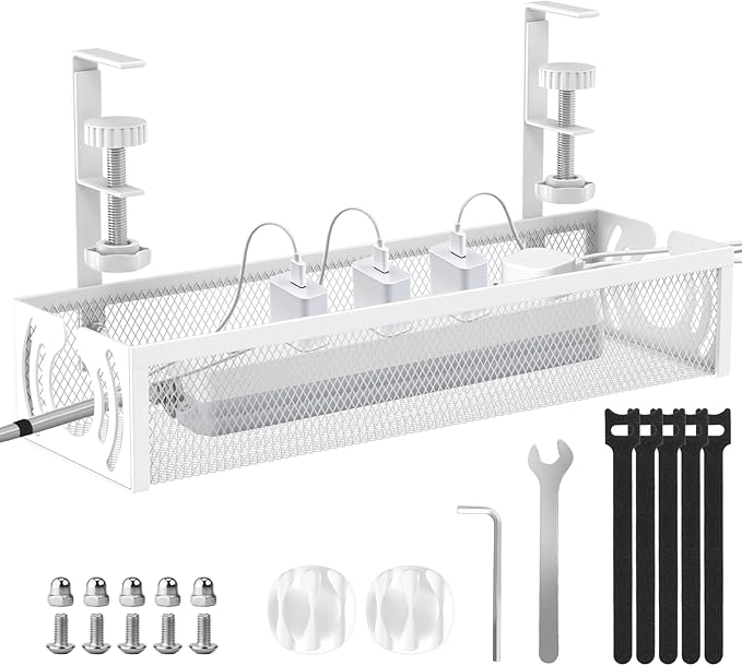Cable Management, 15'' Under Desk Cable Management Tray No Drill, Metal Cable Organizer with Clamp for Wire Management, Cord Organizer for Home Office, Desk Accessories Organizer, White