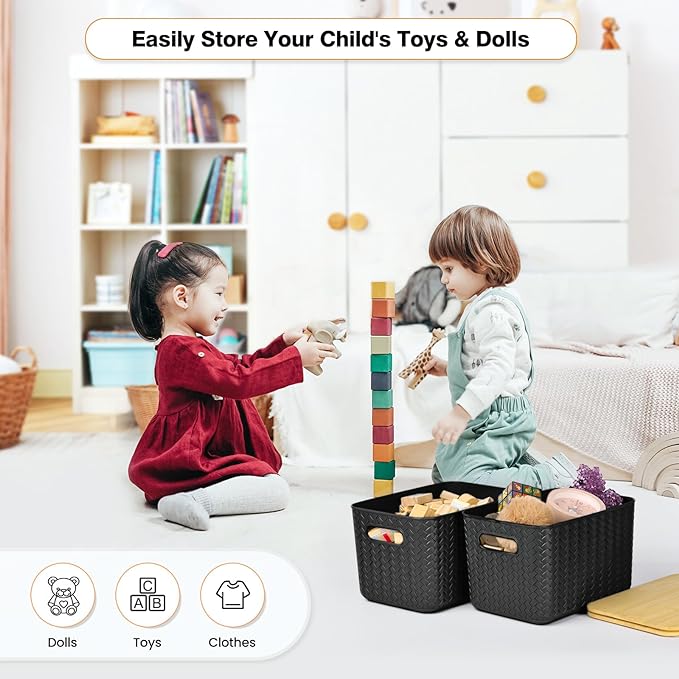 Ohmlove 4 Packs Storage Bins with Bamboo Lids - Plastic Storage Containers with Lids Stackable Storage Box: Storages Baskets for Organizing Desktop Closet Playroom Classroom Office, Black