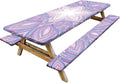 Mandala Picnic Table Cover with Bench Covers Set of 3-Purple White Ethnic Pattern,Elastic Fitted Tablecloth for 6 Ft Tables, Washable Polyester Cover for Camping, Indoor & Outdoor