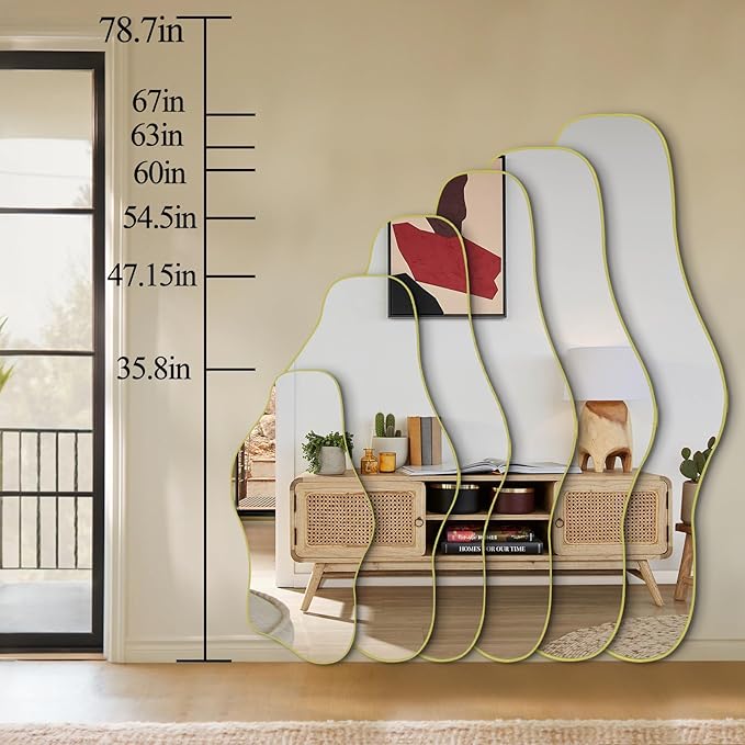 Gold Irregular Mirror, 47.2"x24" Asymmetrical Tempered Glass Mirror, Modern Abstract Frameless Wall Mirrors for Living Room Bedroom Hallway Entryway, Hangs Vertically or Horizontally