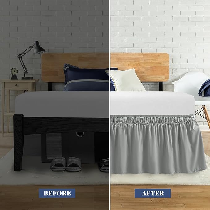 Full Bed Skirt, Elastic Wrap Around Bed Skirt Full Size, Bed Skirts for Adjustable Bed, Easy Fit with 14" Drop Length Tailored Drop Dust Ruffle (Grey)
