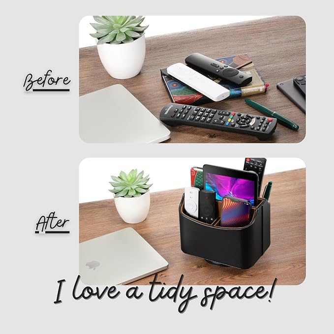 Remote Control Holder, Spinning Desk Organizer, Nightstand Bedside Caddy for TV Remotes/Tablets/Phones/Eyeglasses/Books/Pens - Black