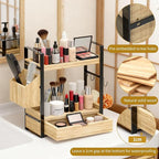 2-Tired Bathroom Counter Organizers and Storage, Bathroom Countertop Organizer with Drawer, Solid Wood Skincare Perfume Organizer for Vanity Kitchen Corner Shelf Office Countertop (Light Brown)