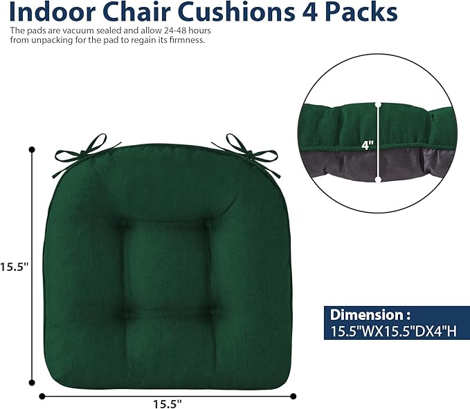 Chair Cushions for Dining Chairs, Seat Cushions for Kitchen Chairs, Indoor Seat Cushions with Ties, Tufted Foam Chair Pads, Non Slip Chair Cushions Set of 4, 15.5" x 15.5" x 4", Dark Green