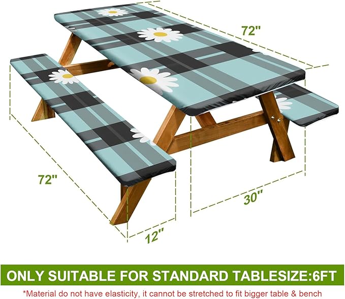 British Floral Plaid Picnic Table Cover with Bench Covers Set of 3-Light Blue Check with Daisies,Elastic Fitted Tablecloth for 6 Ft Tables, Washable Polyester Cover for Camping, Indoor & Outdoor