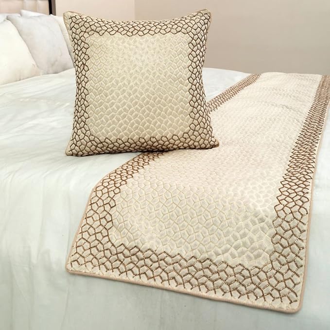 The HomeCentric King/Queen/Twin Ivory & Gold Designer Twin 53"x18" Bed Runner Without Pillow Cover, Mosaic & Beaded Bed Scarf on Jacquard Fabric - Tessellation