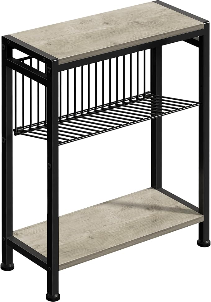 Small Side Table for Small Space, 3-Tier Narrow End Table with Magazine Holder, Slim Nightstand, Skinny Snack Couch Table in Living Room, Bedroom, Study, Kitchen and Balcony (Greige)