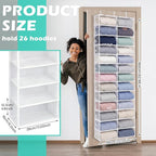 Over The Door Hoodie Organizer 26 Clear Pocket Sweatshirt Organizer with 3 Hooks Hanging Sweatshirt Hoodie Rack Holder Cabinet Behind The Doors for Dormitory Bedroom Closet Storage