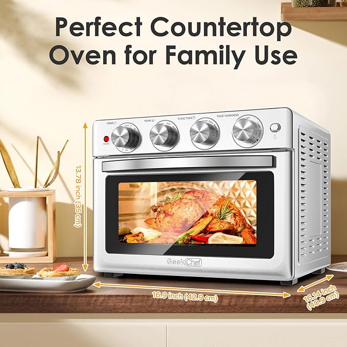 Geek Chef Air Fryer Toaster Oven 26 QT, Large AirFryer Convection Countertop Oven Combo with Easy Bake, Roast, Broil, Warm, 6 Slice Toast 7-in-1 Functions, 3 Layers with 4 Accessories,Stainless Steel