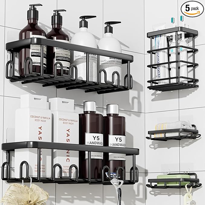 YASONIC Shower Caddy Adhesive 5-Pack, Rustproof Shower Organizer with Holder, No Drilling Shower Shelves for Inside Shower, Large Capacity Bathroom Organizers and Storage for Home & Renters, Black