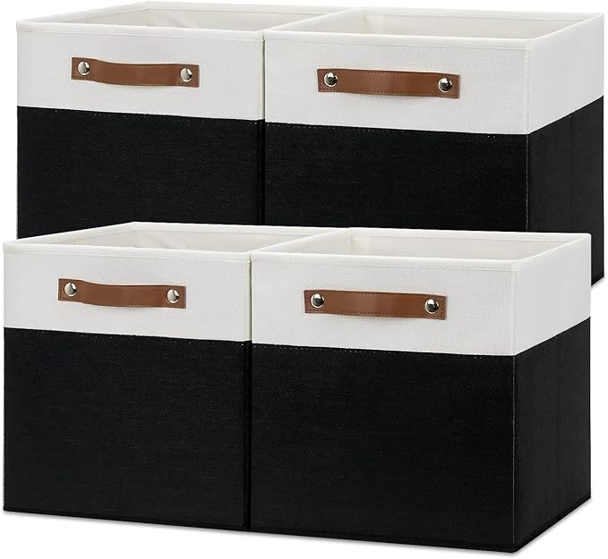 Temary Foldable Storage Cubes Set of 4 - Organizers with Handles, Decorative Storage Boxes for Home, Office (White&Black)