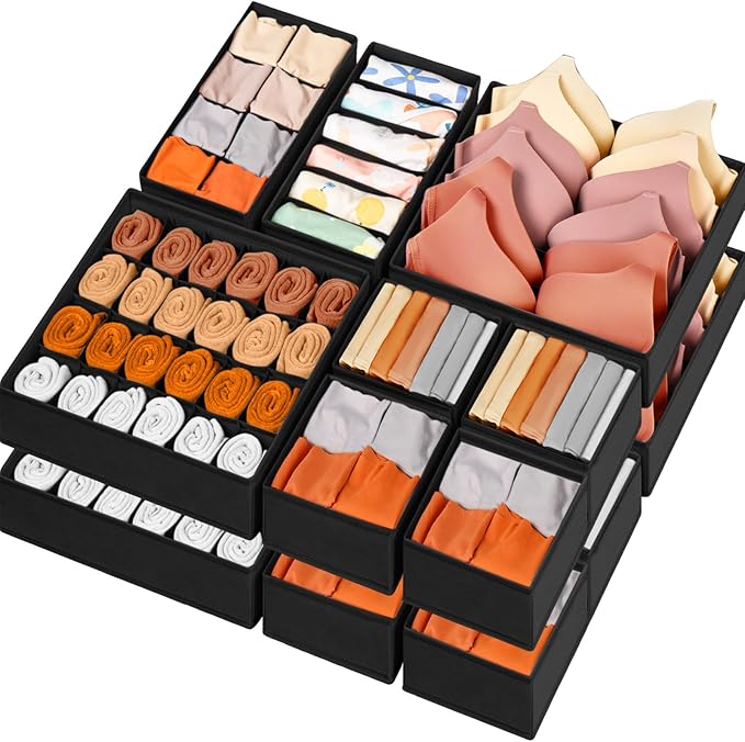 Criusia Drawer Organizer Clothes, 16 Pack Dresser Organizer Bins for Baby Clothes, Underwear Sock, Fabric Closet Organization and Storage Dividers for Nursery Bedroom (96 Compartments, Black)