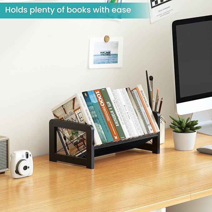 ELITEROO Desk Bookshelf, Small Book Shelf, Wooden Desktop Bookcase, Tilting Table Top Bookshelf for Home Office, for Book Display, Cookbook Storage, Kids Reading, Black