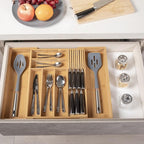 TIOPGHAD Bamboo-Silverware-Drawer-Organizer-Kitchen, Expandable Utensil Holder Cutlery Tray Flatware Organization Adjustable Wood Tableware Dividers Storage (with Removable Knife Block)(Natural)
