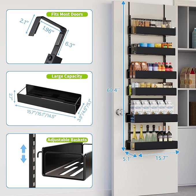 Over the Door Pantry Organizer, 6-Tier Metal Pantry Door Organization and Storage, Hanging Kitchen Basket Spice Rack Seasoning Shelves, Cabinet Door Organizer for Easy Install Black