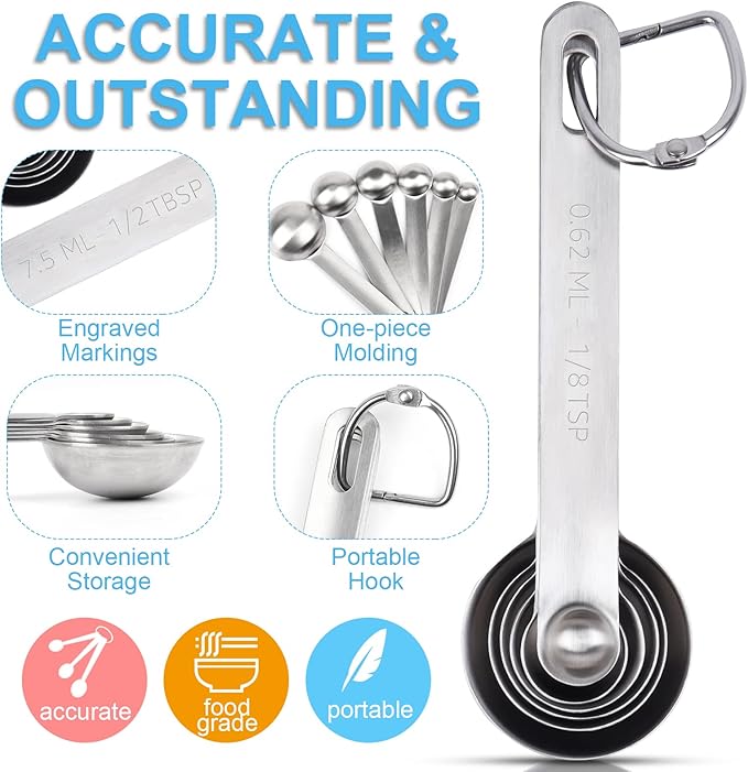Upgrade Stainless Steel Measuring Spoons Set, Small Tablespoon, Teaspoons, Set 6 with Bonus Leveler, Etched Markings and Removable Clasp for Dry and Liquid, Fits in Spice Jars
