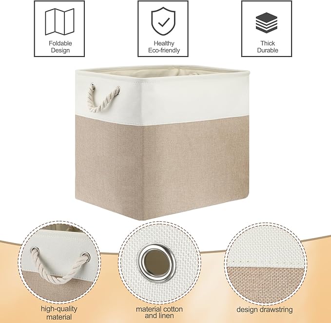meekoo 8 Pack Collapsible Storage Bins Fabric Storage Bins Polyester Fabric Baskets with Handles Linen Closet Organizer for Shelf Home Closet Towels Toys(17 x 12 x 15 in,Beige)