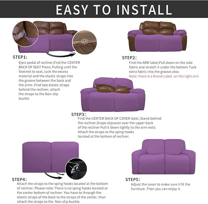Easy-Going 6 Pieces Recliner Loveseat Stretch Sofa Slipcover Sofa Cover Furniture Protector Couch Soft with Elastic Bottom Kids, Spandex Jacquard Fabric Small Checks Purple