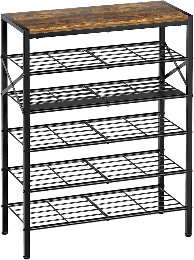 6-Tier Metal Shoe Rack Organizer Shoe Storage for Entryway 18-24 Pairs Narrow Shoe Rack for Closet Heavy-Duty Shoe Rack with Wooden Top Shelf for Garage Rustic Brown