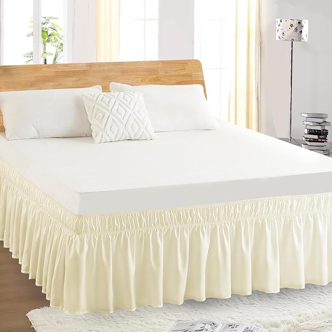 King Bed Skirt, Elastic Wrap Around Bed Skirt King Size, Bed Skirts for Adjustable Bed, Easy Fit with 14" Drop Length Tailored Drop Dust Ruffle (Light Yellow)