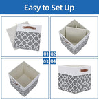 Temary 12x12x12 Fabric Storage Bins 4 Pack with Leather Handle, Foldable Cubes Storage Box Baskets for Closet, Shelf (White&Lattice)