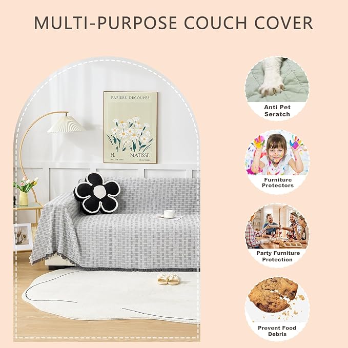 Grey Couch Cover Blanket Cute Geometrical Jacquard Washable Sofa Cover for Extra Large Furniture for 3 Cushion Sofa L Shaped Sectional Couch Blanket 71"x 118"